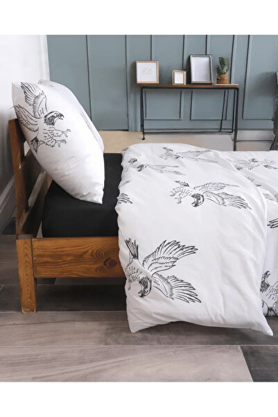 Sares Home Siyah Beyaz Kartalım Tek Kişilik Çarşafı Lastikli Nevresim Takımı Çarşafı Siyah