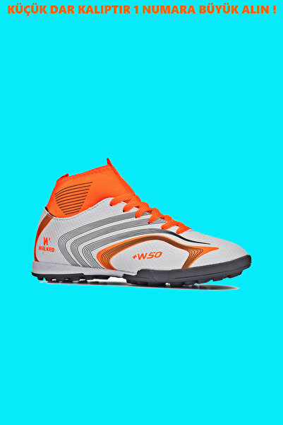 Walked Erkek Çocuk Boğazlı Çorap Bilekli Düz Dişsiz Beyaz Halı Saha Krampon Futbol Spor Ayakkabı