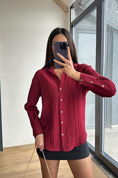 Mixray 4642 Women's Epaulette Detailed Crocheted Shirt Burgundy
