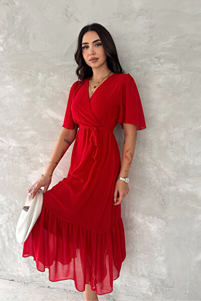 Neşeli Butik rochie de damă din șifon cu guler dublu cu curea NBK4115