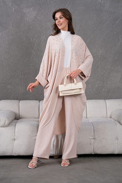 Miss Allos Women's Front Stone Embroidered Linen Kimono and Pant Bottom Top Set