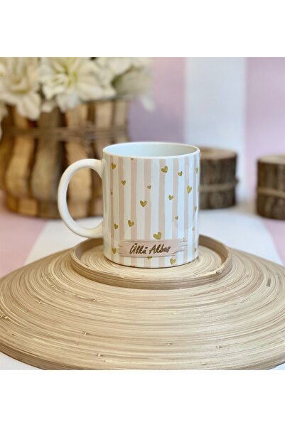 Gift Moda Kişiye Özel Altın Işıltılı Kalp Tasarımlı Kupa