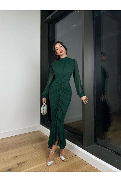 Afiş Butik Şifon Drapeli Yırtmaçlı Dik Yaka Elbise