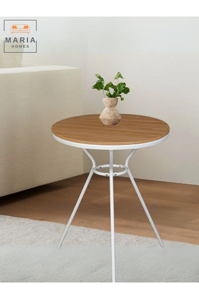 MARIA HOMES Modern Outdoor Round Table – Metal Frame & Wood-Effect Top, 60 x 75 cm