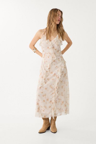 Stradivarius Long printed dress with ruffles