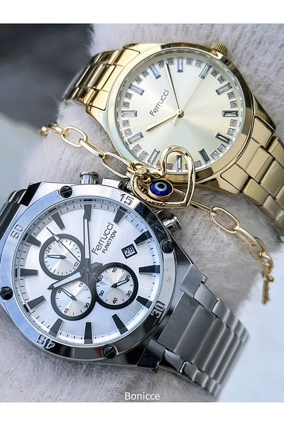 Ferrucci Brand Steel Cord,Silver Yellow Color, Lover Couple Wristwatches Rosary Bracelet