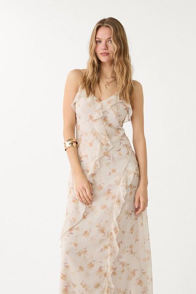 Stradivarius Long printed dress with ruffles