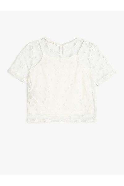 Koton Lace Detailed Crew Neck Short Sleeve Blouse