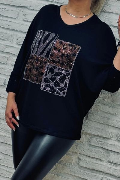 Bİ.GİYSEN Women's Black Large Size V-Neck Front Leopard Crystal Stone Embroidered Lycra Bat Sleeve Blouse