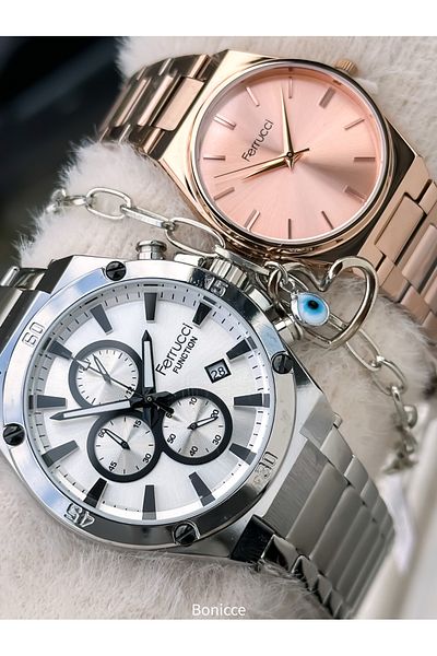 Ferrucci Brand Steel Cord,Silver Rose Color, Lover Couple Wristwatches Rosary Bracelet