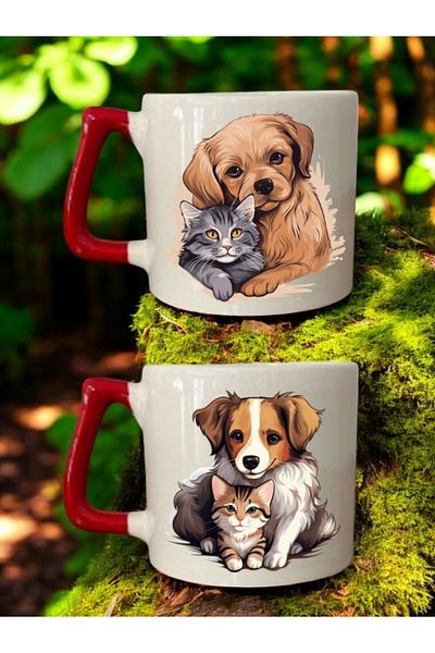 lili hediyelik Cat Dog Love Printed Set of 2 Cups - Souvenir Product Ceramic Cup