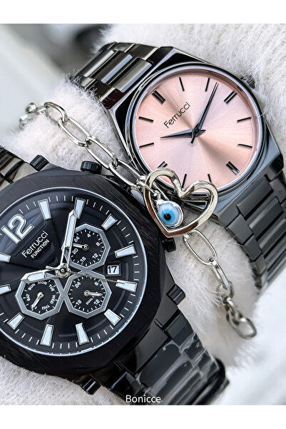 Ferrucci Marka Çelik Kordon,Siyah Renk, Sevgili Çift Kol Saatleri Tesbih Bileklik
