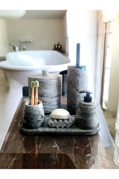 Trust Stone Anthracite Marble Pattern - Full Concrete Σετ Μπάνιου Τουαλέτας WC Υγρό Σαπούνι και Σετ Αξεσουάρ Οδοντόβουρτσας