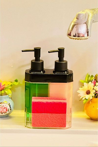 Makri Liquid Soap Dispenser with Sponge Holder, 2 Reservoirs, 350 ml + 350 Ml, Plastic, Domestic Production