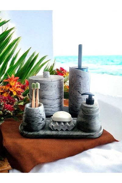 Trust Stone Anthracite Marble Pattern - Full Concrete Σετ Μπάνιου Τουαλέτας WC Υγρό Σαπούνι και Σετ Αξεσουάρ Οδοντόβουρτσας