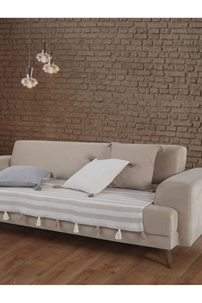 Lux Touch Liva Ponponlu Bej Koltuk Örtüsü 115 x 200 cm Kanepe Divan Çekyat Berjer Örtüsü Şalı Püsküllü