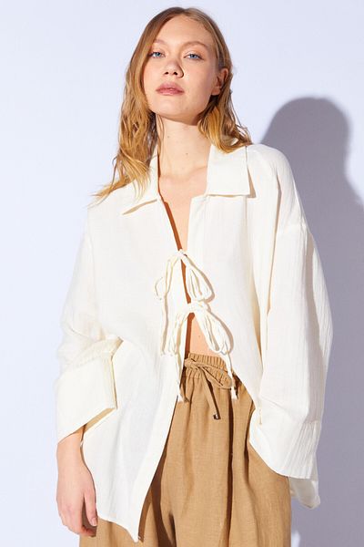 Manche Muslin Natural Cotton Tied Kimono Shirt |   Ecru