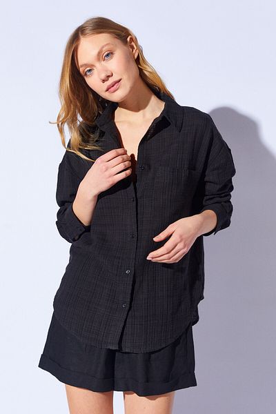 Manche Viscose Linen Washed Soft Textured Women's Shirt |   Black Mks 1610013 -1