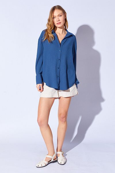 Manche Seersucker Oversize Relaxed Fit Women's Shirt |   Indigo Mks 161103 -01