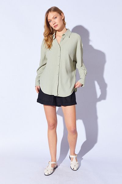 Manche Seersucker Oversize Relaxed Fit Women's Shirt |   Cagla Mks 161103 -01