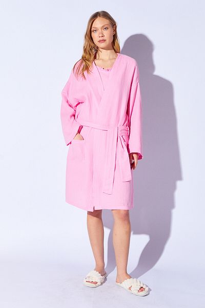 Manche 100% Organic Cotton Muslin Washable Dressing Gown Kimono |   Candy-Pink Mkw 359976