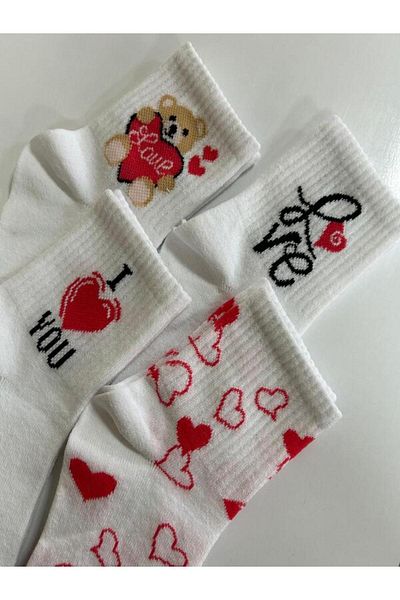 Boliva Çorap Socks Love Teddy Bear Heart Patterned Socks 4 Pairs
