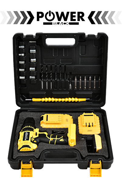 POWER BLACK 12 V Çelik Şanzuman Bakır Sargılı Çift Akülü Şarjlı Matkap Vidalama