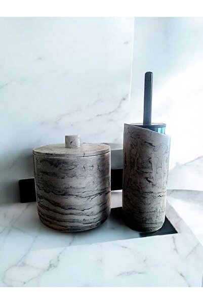 Trust Stone Marble Patterned Anthracite Concrete Trash Can and Brush Holder Set, Accessory, Decoration