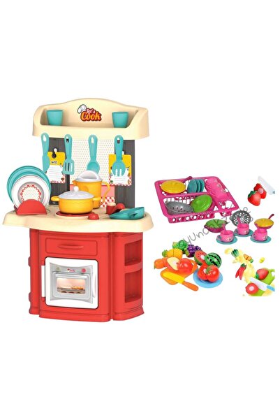 OyuncakZade طقم مطبخ الشيف كبير الحجم + رف أطباق مع ملحقات + طقم قطع فواكه 12...