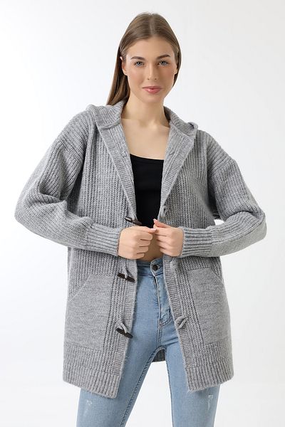 Devinka Women's Gray Hooded Buttoned Seasonal Pocket Knitwear Cardigan Dvka-0712