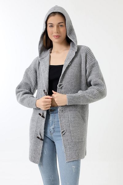 Devinka Women's Gray Hooded Buttoned Seasonal Pocket Knitwear Cardigan Dvka-0712