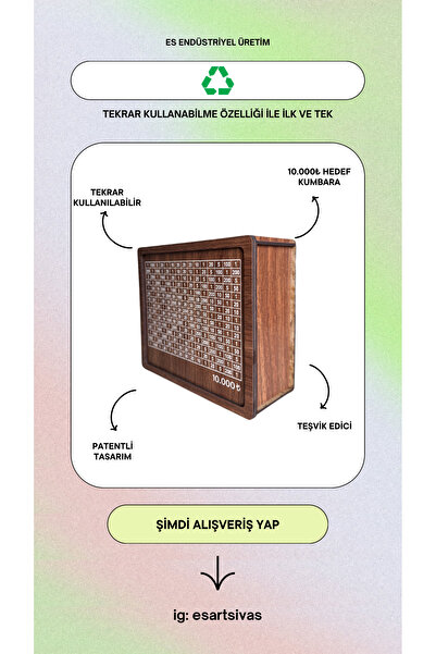 ES ENDÜSTRİYEL ÜRETİM Tekrar Kullanılabilir Hedef Kumbara - Ahşap Kumbara - 10.000TL - ES-ART