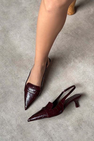 NİŞANTAŞI SHOES Siberia Burgundy Gemusterte Damen Schuhe mit Absatz und Gummi Detail