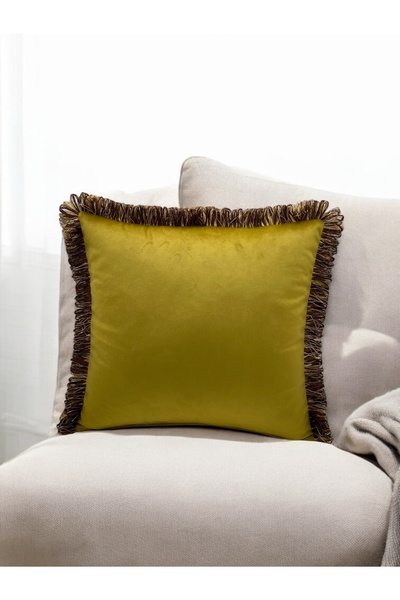 Phoenix Kadife Çift Renk Püsküllü Kırlent Kılıfı Hardal 43x43