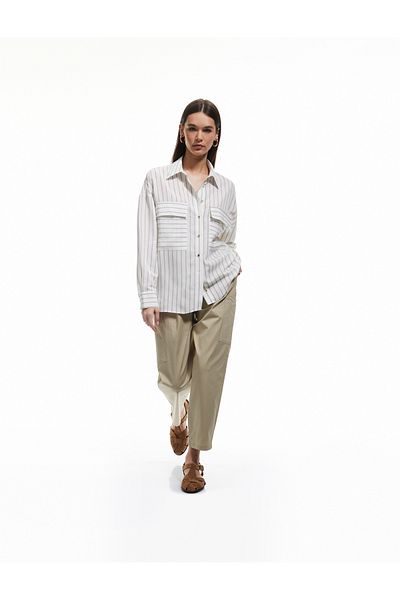 Koton Classic Lapel Long Sleeve Striped Shirt with Viscose Blend Pockets