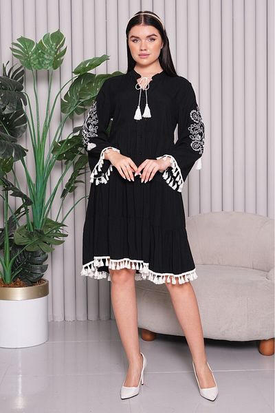 AYASOFYA OTANTIK Women's Black Buttoned Placket Collar Ethnic Embroidery Embroidered Pompom Tassel Detailed Long Sleeve Midi Dress