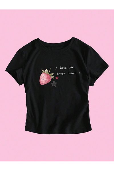 Toum Μαύρο Body Crop Top με ροζ φράουλα