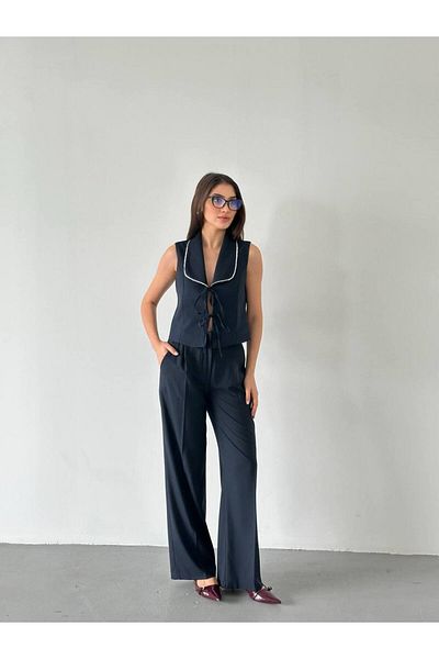 Melike Bakar Boutique Lacing Detailed Processing Collar Vest Pants Set
