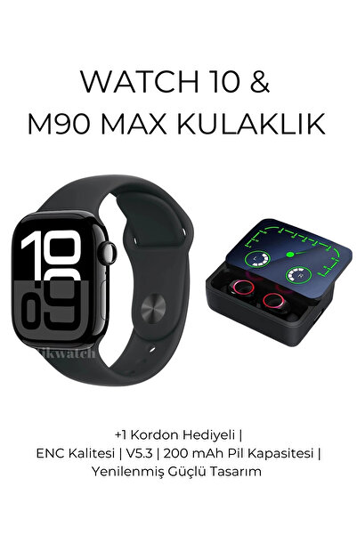 TİKWATCH Watch 10 Series Türkçe Menü Akıllı Saat  ve M90 Max ENC Aktif Blueto...