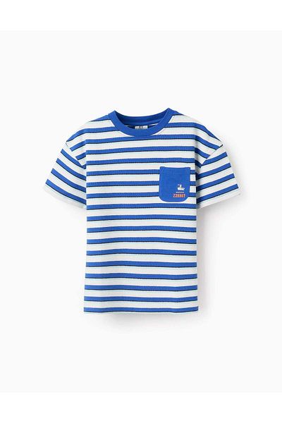 Ziddy Striped Cotton Piqué T-shirt for Boys, White/Blue