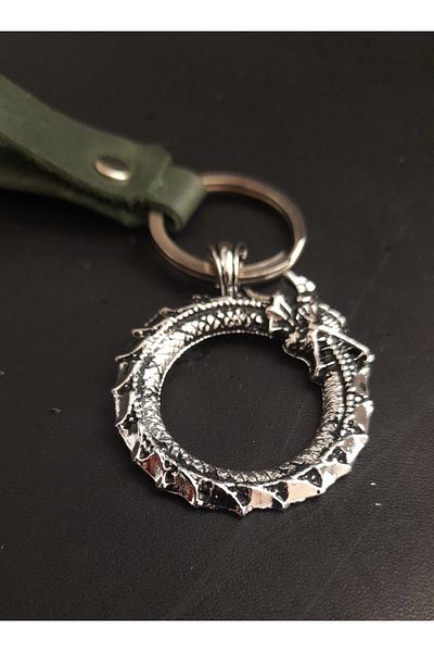 BSN Store Premium Khaki Green Genuine Leather Key Chain Accessory with Nordic Self-Eating Snake Dragon Figure