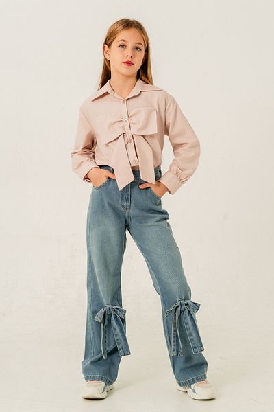 GİYİCEM TEKSTİL Pantaloni din denim pentru fetiță cu fundă la picioare