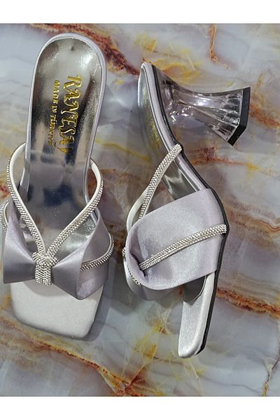 Renasay shose Pantofi cu toc cu fundă din satin argintiu de damă