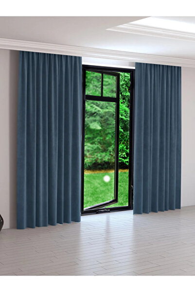 Perdexpress Soft Concept Kadife Dokulu İndigo Ada Fon Perde