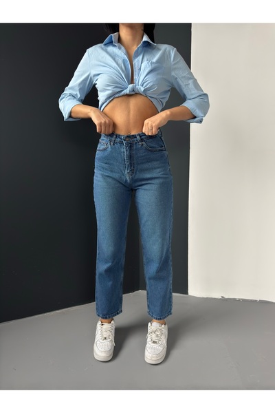 Joytrend Orta Mavi Kadın Mom Jean Yüksek Bel Likrasız Kot Pantolon