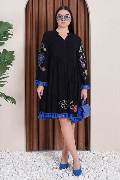 AYASOFYA OTANTIK Women's Black Buttoned Placket Collar Embroidery Embroidered Pompom Tassel Detailed Long Sleeve Midi Dress