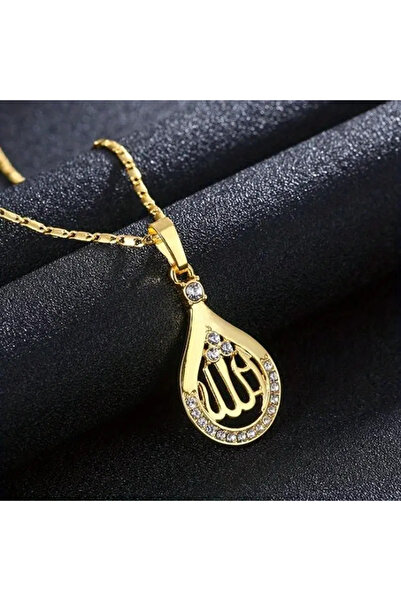 Redhead Gold Renk Zirkon Taş Allah Yazılı Kolye