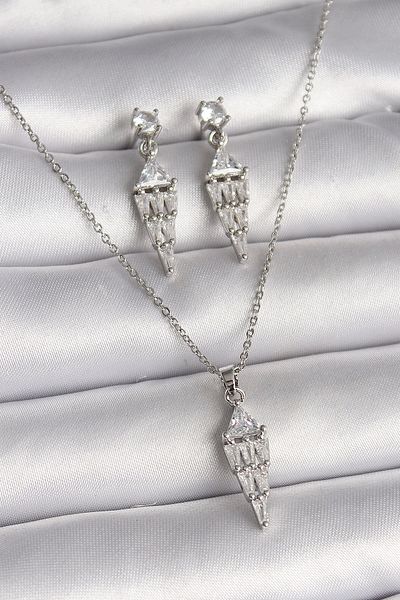 Clariss 316L Steel Silver Color Chain Dangle Zircon Stone Model Women's Necklace Earring Set