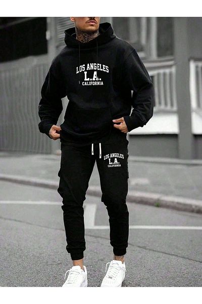 PENTHİLUS Los Angeles Bottom Top Front Printed Hoodie Oversize Black Sweatshirt and Black Sweatpants Bottom Top Set