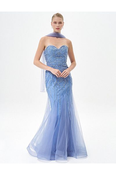 Kayra Sweetheart Neckline Evening Dress Blue